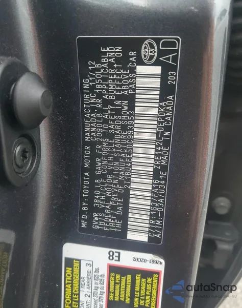 2013 Toyota Corolla Base from USA, damaged, VIN 2T1BU4EE5DC993953